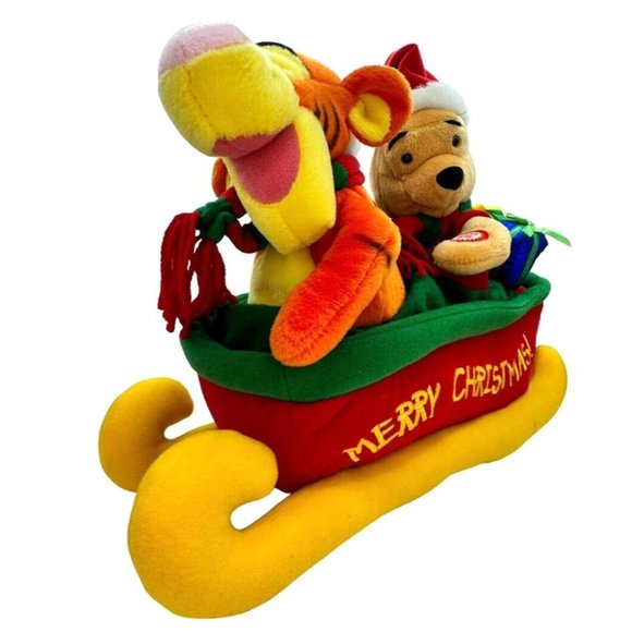 Vintage Disney Plush Animated Winnie the Pooh Tigger Christmas Sled Jingle Bells - Picture 3 of 15